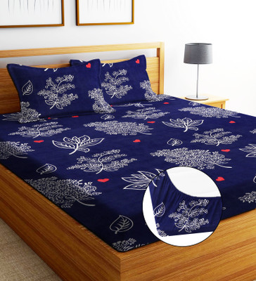 REFIZE 240 TC Cotton Double Printed Fitted (Elastic) Bedsheet(Pack of 1, Dark Blue)
