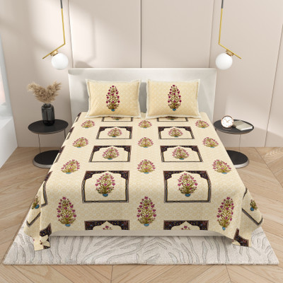 feya Cotton King Flat 180 TC Jaipuri Prints Bedsheet(Pack of 1, Brown White)