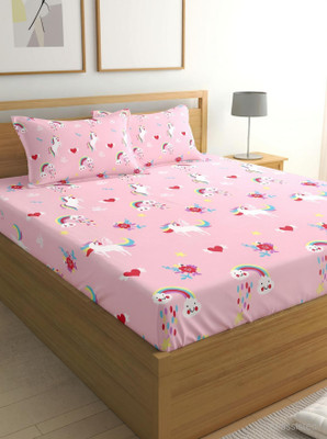 Moonroof Cotton Double Fitted (Elastic) 244 TC Printed 1 Bedsheet with 2 Pillow Covers(PINK_UNICORN)