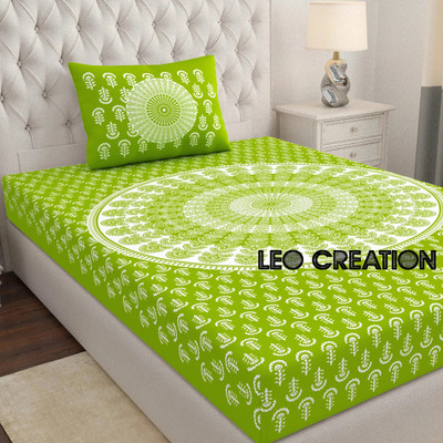 Leo Creation Cotton Single Flat 144 TC Jaipuri Prints Bedsheet(Pack of 1, Green, White)