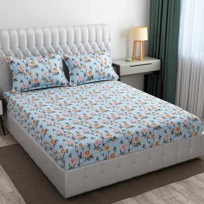 Dahlia 200 TC Polycotton Double Printed Fitted (Elastic) Bedsheet(Pack of 1, Aqua 1)