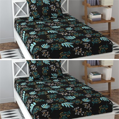 Prosseya 210 TC Cotton Single Floral Flat Bedsheet(Pack of 2, Black 2)