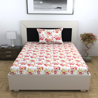 Divine Casa Cotton Single Flat 144 TC Floral Bedsheet(Pack of 1, Rosy Retreat)