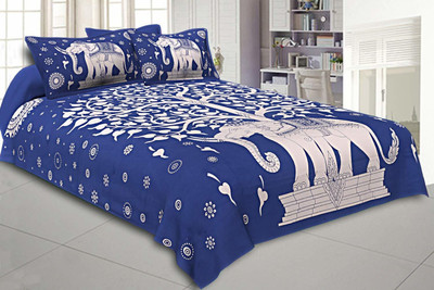 RAJDEVI JAIPUR PRINTS 251 TC Cotton King Printed Flat Bedsheet(Pack of 1, Blue)