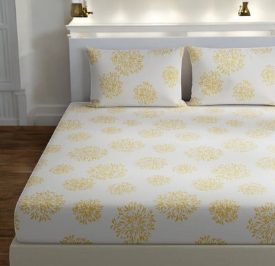 CLIDE 212 TC Cotton Queen Floral Fitted (Elastic) Bedsheet(Pack of 1, Yellow)