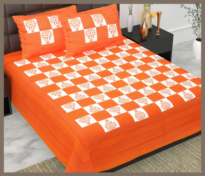 BedZone Cotton Double Flat 240 TC Jaipuri Prints Bedsheet(Pack of 1, Orange)