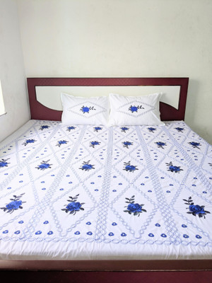 Needle & Ballet Cotton King Flat 250 TC Embroidered Bedsheet(Pack of 1, Blue)