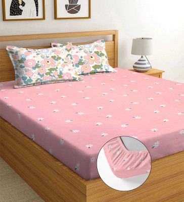 SUKHAURA Cotton Double Fitted (Elastic) 230 TC Printed Bedsheet(Pack of 1, Multicolor)