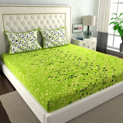 BharatLinen Cotton Queen Flat 163 TC Jaipuri Prints Bedsheet(Pack of 1, Green)