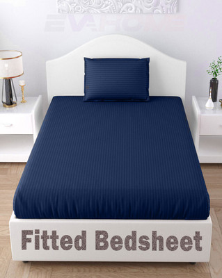 EVAHOME 300 TC Cotton Single Striped Fitted (Elastic) Bedsheet(Pack of 1, Navy Blue)