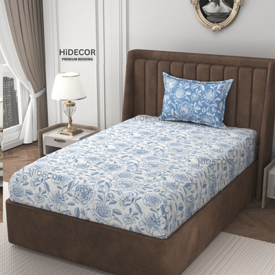 HIDECOR 280 TC Microfiber Single Floral Flat Bedsheet(Pack of 1, White & Blue)