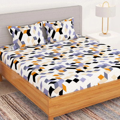 Bedspun Microfiber Double Flat 180 TC Printed Bedsheet(Pack of 1, White, Beige)