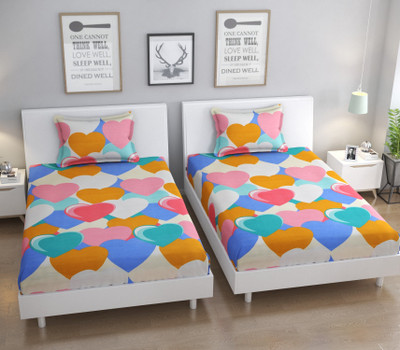 BROMWICK 280 TC Microfiber Single 3D Printed Flat Bedsheet(Pack of 2, Multicolor Heart)