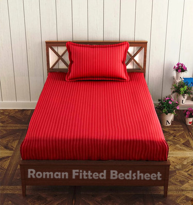 EVAN 300 TC Cotton Single Striped Fitted (Elastic) Bedsheet(Pack of 1, Red)