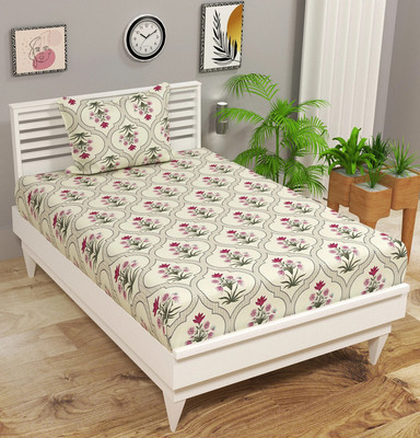 VAS COLLECTIONS Cotton Single Flat 180 TC Floral Bedsheet(Pack of 1, Cream Beige)