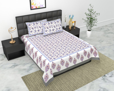 Home@shop Cotton Double Flat 144 TC Jaipuri Prints Bedsheet(Pack of 1, Grey)