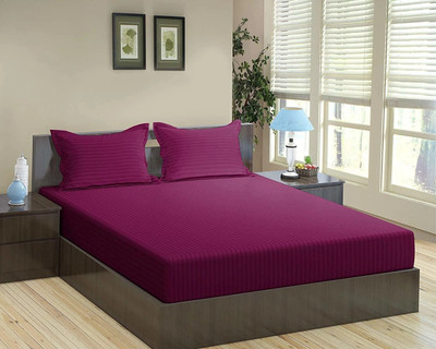 BEVI 300 TC Microfiber Double Striped Fitted (Elastic) Bedsheet(Pack of 1, Wine)