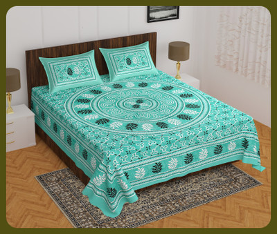 JAIPUR PRINTS Cotton Double Flat 240 TC Jaipuri Prints Bedsheet(Pack of 1, Sky)