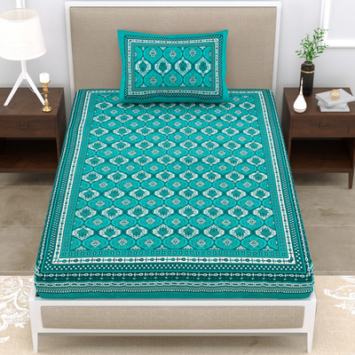HOMEQUIPO 140 TC Cotton Single Jaipuri Prints Flat Bedsheet(Pack of 1, C Green)