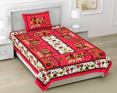 BharatLinen 144 TC Cotton Single Jaipuri Prints Flat Bedsheet(Pack of 1, Red)