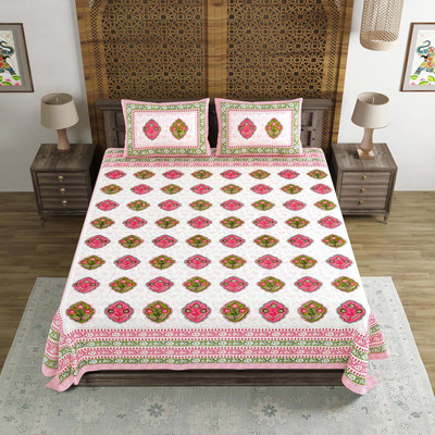 Blocks Of India Cotton Double Flat 200 TC Paisley Bedsheet(Pack of 1, Green, Pink)