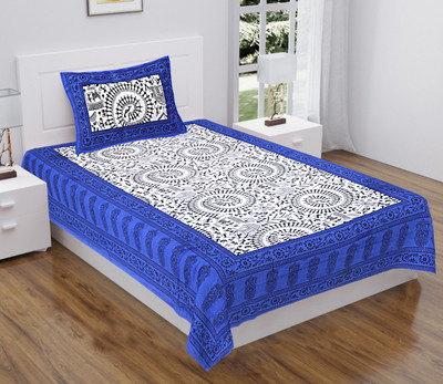 BATHAM HANDLOOM 104 TC Cotton Single Jaipuri Prints Flat Bedsheet(Pack of 1, Blue)