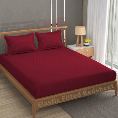 REDROME Cotton Double Fitted (Elastic) 300 TC Striped Bedsheet(Pack of 1, Maroon)