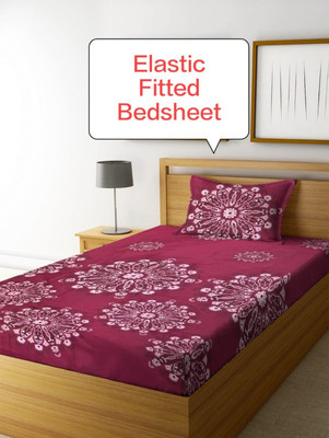 KURRY HOME FURNISHING 210 TC Microfiber Single Abstract Fitted (Elastic) Bedsheet(Pack of 1, Maroon)