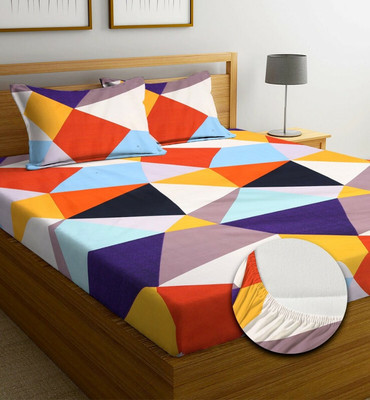 New leaf 220 TC Cotton Double 3D Printed Fitted (Elastic) Bedsheet(Pack of 1, Multicolor)