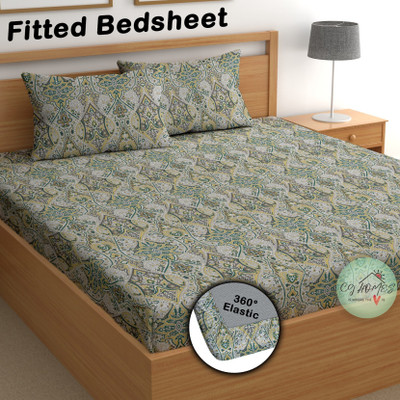 CG Homes 180 TC Cotton Double Printed Fitted (Elastic) Bedsheet(Pack of 1, Gray Abstract)