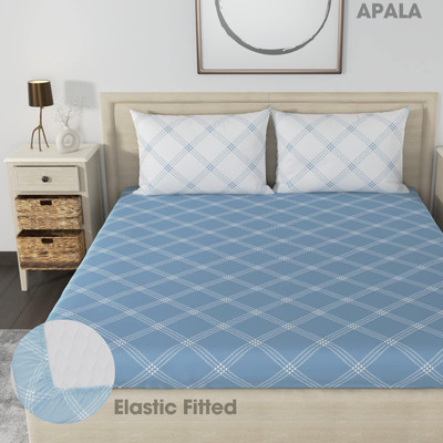 Apala 280 TC Microfiber King Geometric Fitted (Elastic) Bedsheet(Pack of 1, Blue & White)