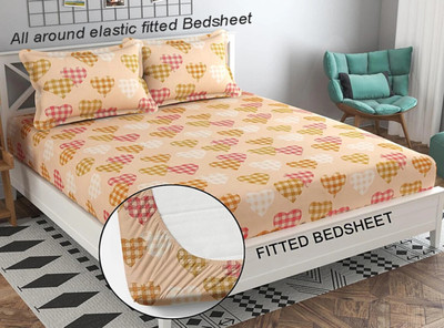 Home Garage Cotton King Fitted (Elastic) 210 TC Floral Bedsheet(Pack of 1, Fitted Peach)