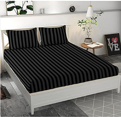 TURIYA Microfiber Double Flat 160 TC Striped Bedsheet(Pack of 1, Black)