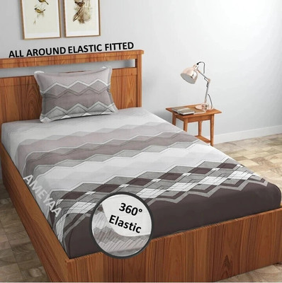 AMEYAA 320 TC Cotton Single Printed Fitted (Elastic) Bedsheet(Pack of 1, Grey Weaves)
