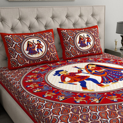 COZYKO 144 TC Cotton Double 3D Printed Flat Bedsheet(Pack of 1, Dandiya Red)