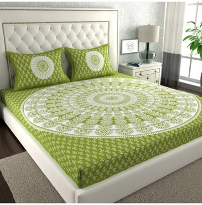 hntraders Cotton Double Flat 144 TC Jaipuri Prints Bedsheet(Pack of 1, Green)