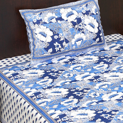 Satnam Prints Cotton Single Flat 160 TC Printed Bedsheet(Pack of 1, Blue)