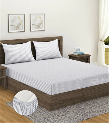 Home Sizzler Microfiber Double Fitted (Elastic) 300 TC Striped Bedsheet(Pack of 1, White)