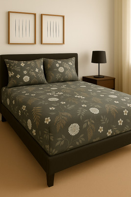 Amrange Cotton King Fitted (Elastic) 210 TC 3D Printed Bedsheet(Pack of 1, Slate Green)