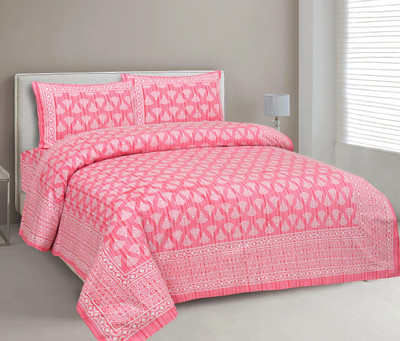 CLOTHOLOGY Cotton King Flat 240 TC Jaipuri Prints Bedsheet(Pack of 1, BABY PINK,PINK,WHITE)