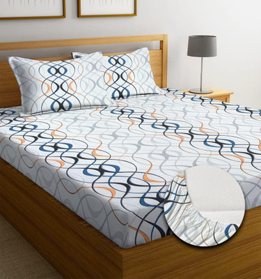 Fashancy Cotton Queen Fitted (Elastic) 300 TC Geometric Bedsheet(Pack of 1, White Jalebi)