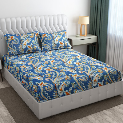 Simroo 240 TC Microfiber Double Printed Fitted (Elastic) Bedsheet(Pack of 1, Blue)