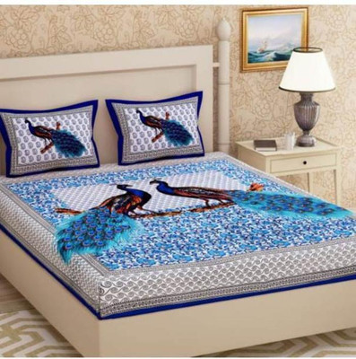 hntraders Cotton Double Flat 144 TC Floral Bedsheet(Pack of 1, Blue)