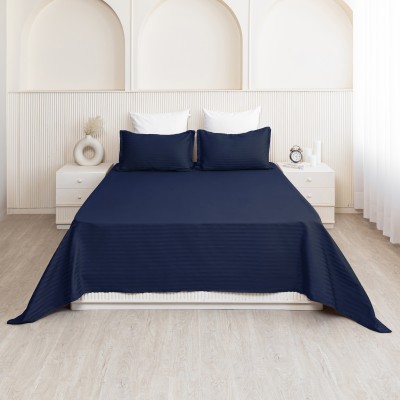 HOMEMONDE 210 TC Cotton Double Striped Flat Bedsheet(Pack of 1, Dark Blue)