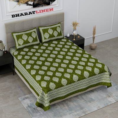 BharatLinen 144 TC Cotton Queen Jaipuri Prints Flat Bedsheet(Pack of 1, Olive Green)