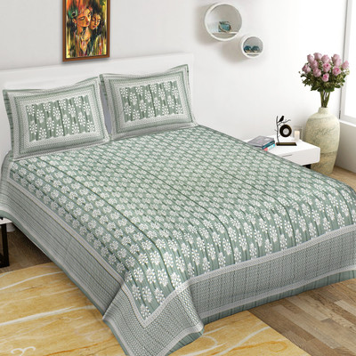 pari creations Cotton King Flat 240 TC Jaipuri Prints Bedsheet(Pack of 1, Green)