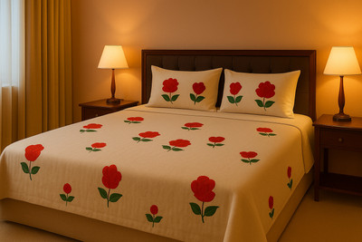 DEEPMAALA TEXTILES Polycotton Double Flat 180 TC Embroidered Bedsheet(Pack of 1, POLY:EMBROD:CREAM)