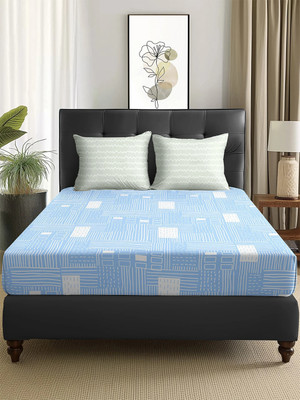 Story@home 180 TC Microfiber Double Printed Flat Bedsheet(Pack of 1, White, Sky Blue)