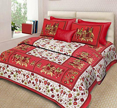 KKS Collections Cotton Double, King Flat 200 TC Jaipuri Prints Bedsheet(Pack of 1, Red , White , Green)