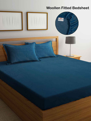 Fabinaliv Woolen King Fitted (Elastic) 300 TC Solid Bedsheet(Pack of 1, Rama Blue)